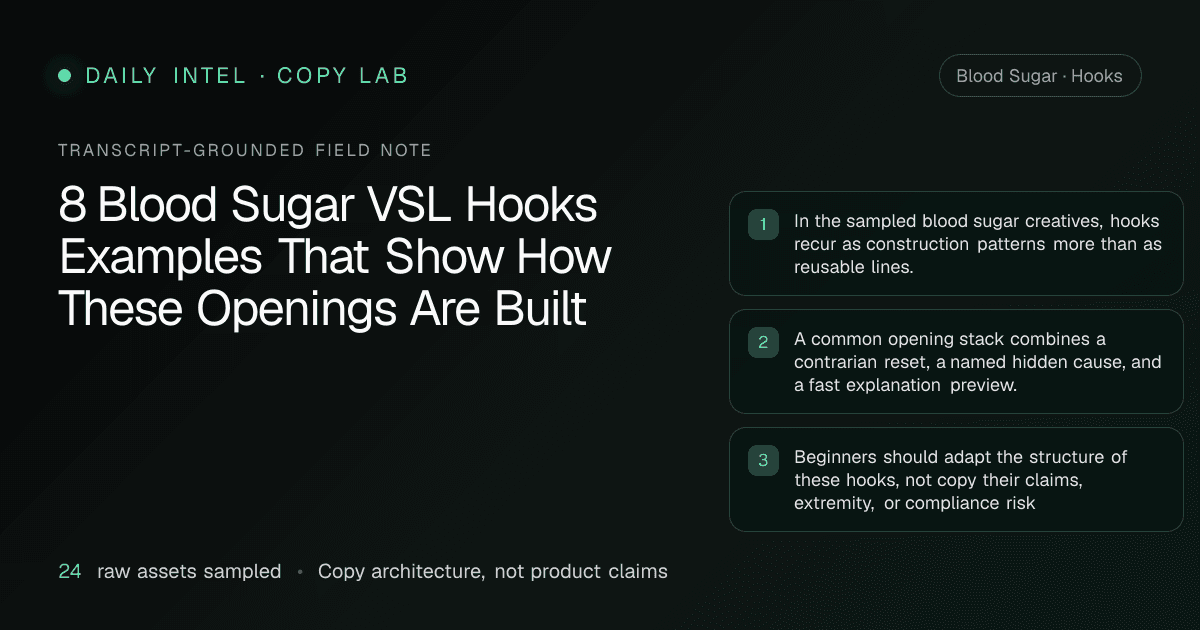 Visual summary of 8 Blood Sugar VSL Hooks Examples That Show How These Openings Are Built, covering Blood Sugar hooks patterns across 24 sampled VSL and ad transcript assets.