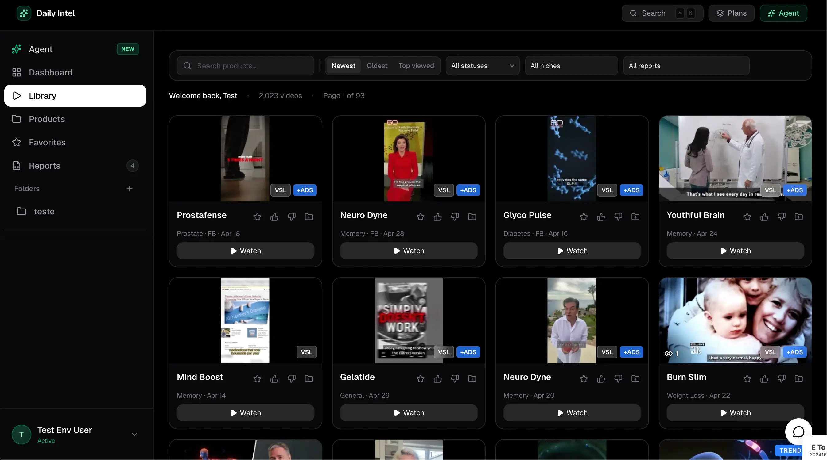 Daily Intel Service member library with VSL and ad intelligence