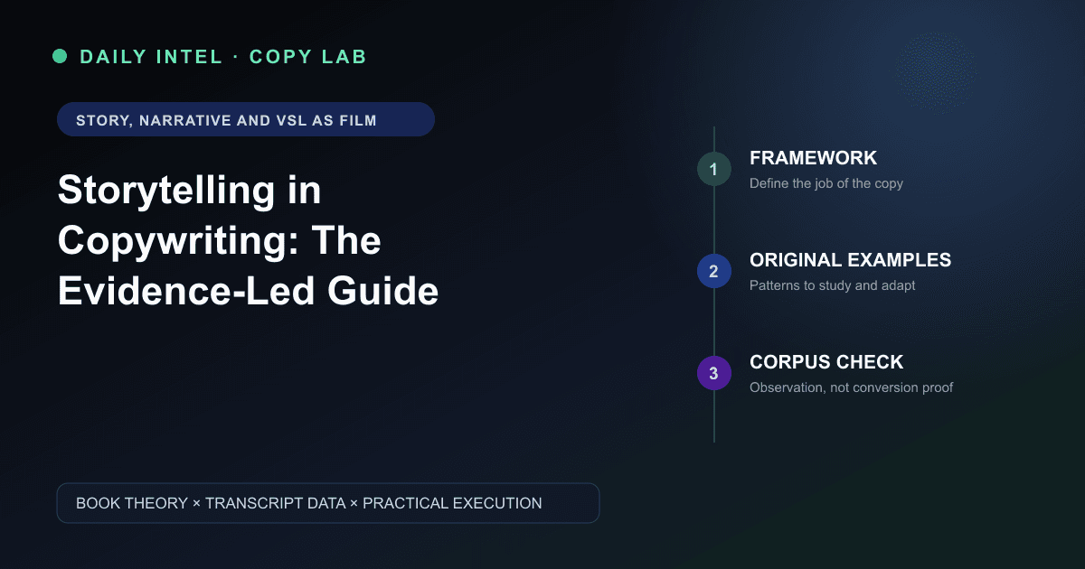 Visual guide to storytelling in copywriting, showing the framework, original examples, and transcript-grounded analysis.