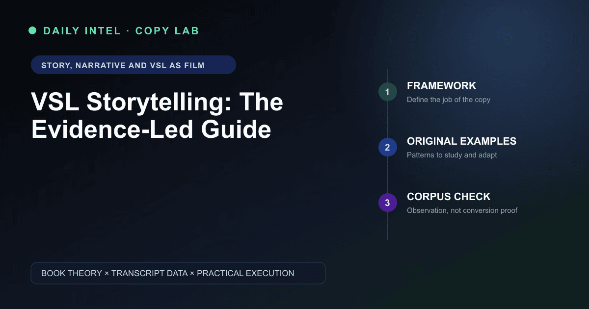 Visual guide to vsl storytelling, showing the framework, original examples, and transcript-grounded analysis.