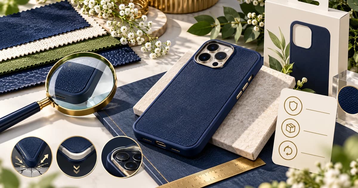Generic phone case, jelly tote, and tech pouch beside a product-fit and policy checklist