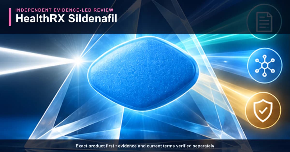 HealthRX Sildenafil independent review illustration showing the exact product and its evidence-verification path.
