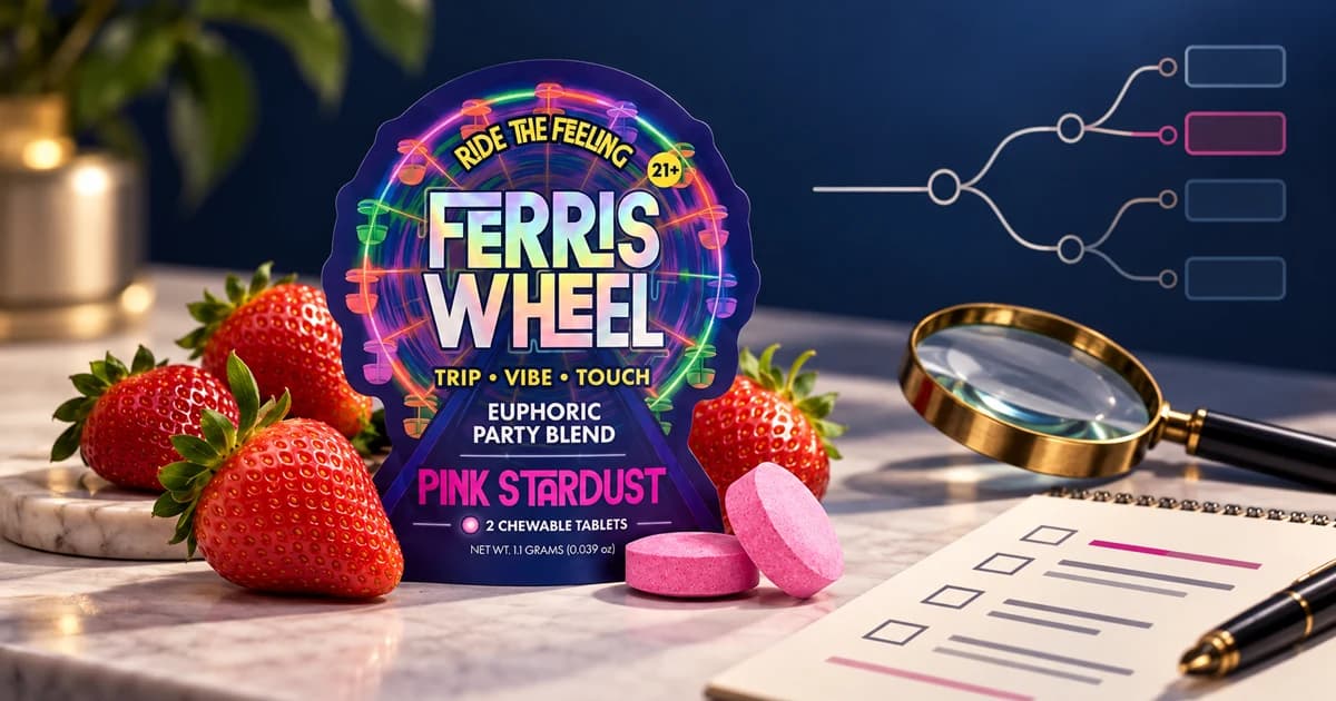 Evidence-led Pink Stardust buying decision with a generic tablet pack, label checklist, five price markers, and highlighted information gaps