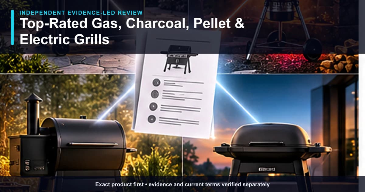 Top-Rated Gas, Charcoal, Pellet & Electric Grills independent review illustration showing the exact product and its evidence-verification path.