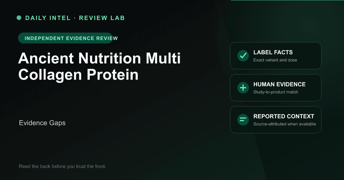 Editorial evidence map for Ancient Nutrition Multi Collagen Protein, covering label facts, human research, and source-attributed reported context.