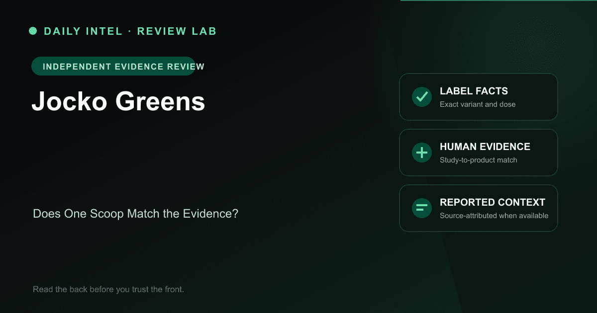 Editorial evidence map for Jocko Greens, covering label facts, human research, and source-attributed reported context.