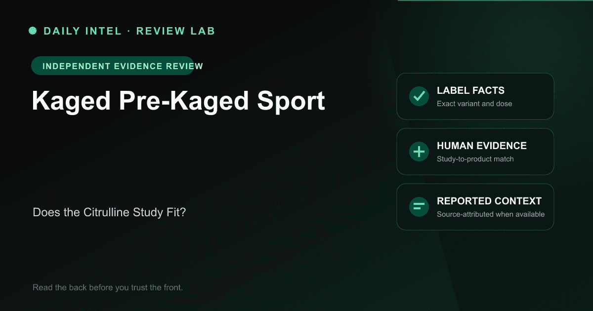 Editorial evidence map for Kaged Pre-Kaged Sport, covering label facts, human research, and source-attributed reported context.