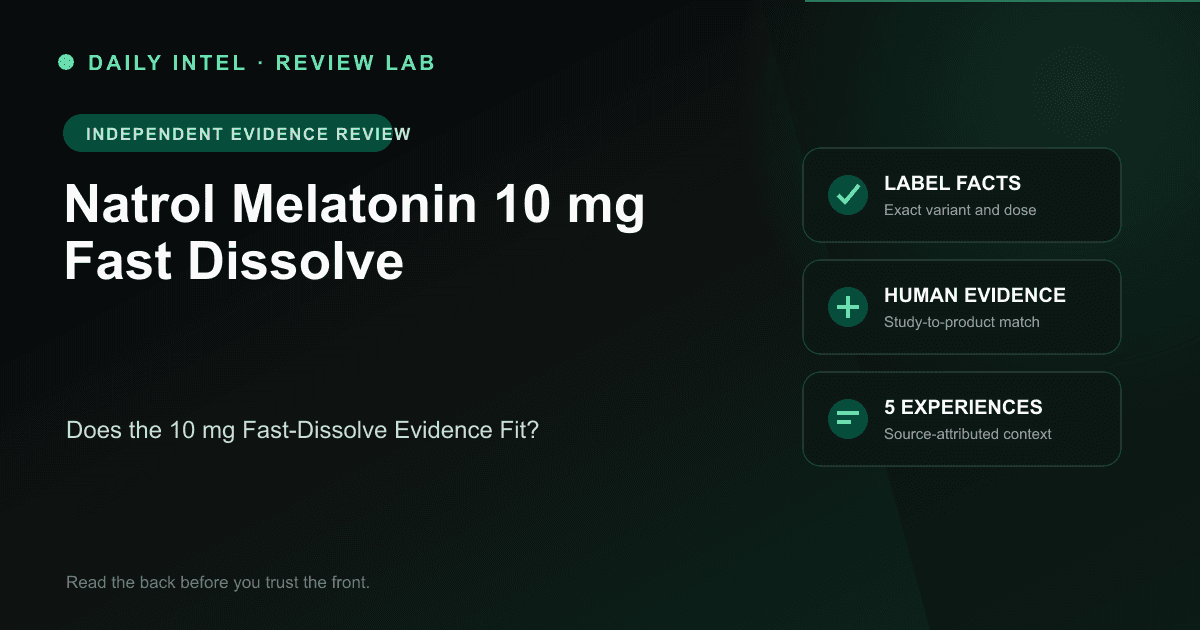 Editorial evidence map for Natrol Melatonin 10 mg Fast Dissolve, covering label facts, human research, and five source-attributed experiences.