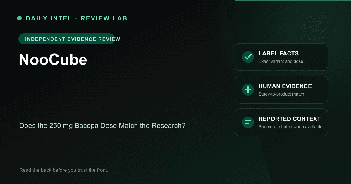 Editorial evidence map for NooCube, covering label facts, human research, and source-attributed reported context.