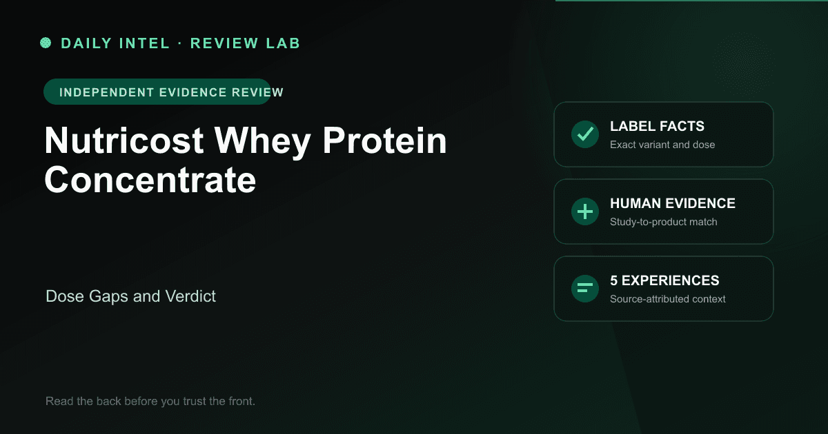 Editorial evidence map for Nutricost Whey Protein Concentrate, covering label facts, human research, and five source-attributed experiences.