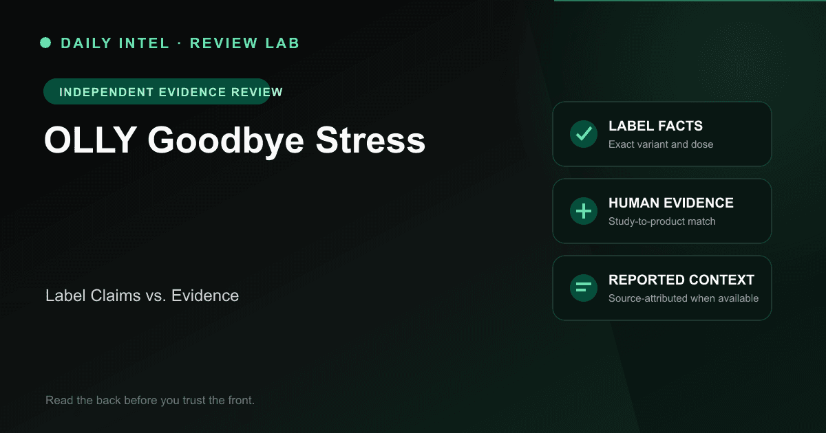 Editorial evidence map for OLLY Goodbye Stress, covering label facts, human research, and source-attributed reported context.