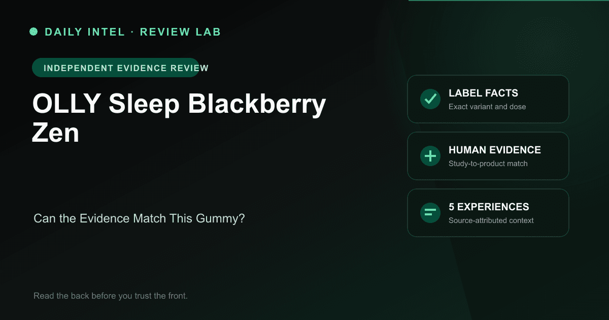 Editorial evidence map for OLLY Sleep Blackberry Zen, covering label facts, human research, and five source-attributed experiences.
