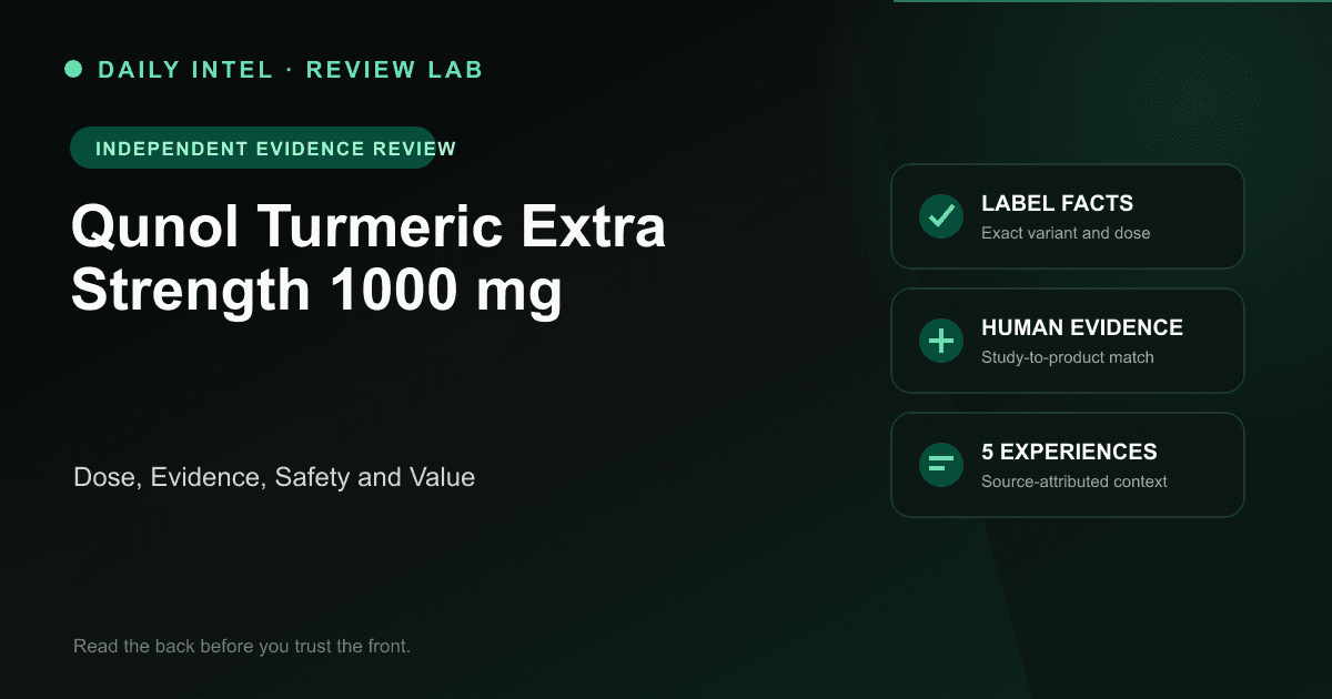 Editorial evidence map for Qunol Turmeric Extra Strength 1000 mg, covering label facts, human research, and five source-attributed experiences.