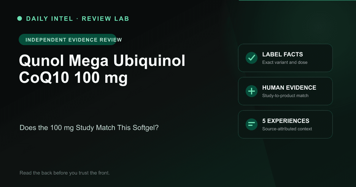 Editorial evidence map for Qunol Mega Ubiquinol CoQ10 100 mg, covering label facts, human research, and five source-attributed experiences.