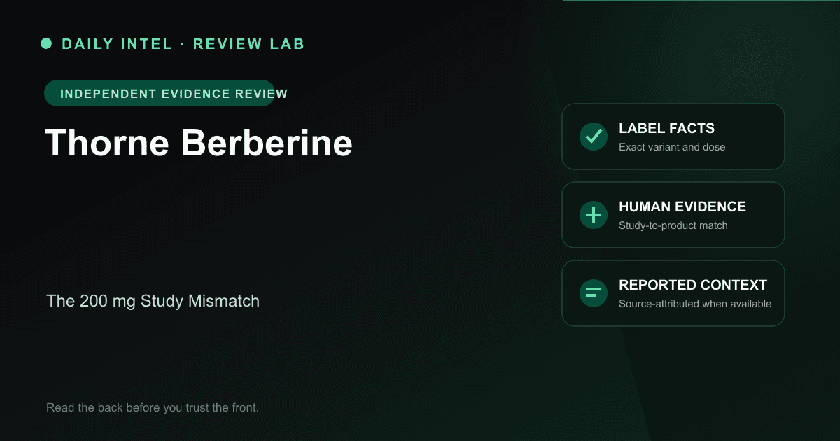 Editorial evidence map for Thorne Berberine, covering label facts, human research, and source-attributed reported context.