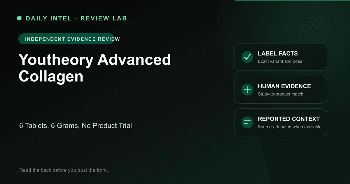 Editorial evidence map for Youtheory Advanced Collagen, covering label facts, human research, and source-attributed reported context.