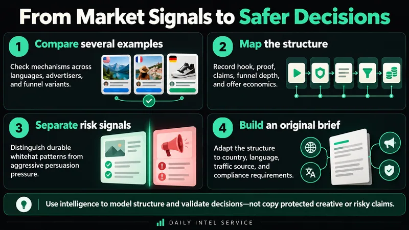 Landscape infographic showing four steps from comparing market examples to creating an original compliance-aware brief.